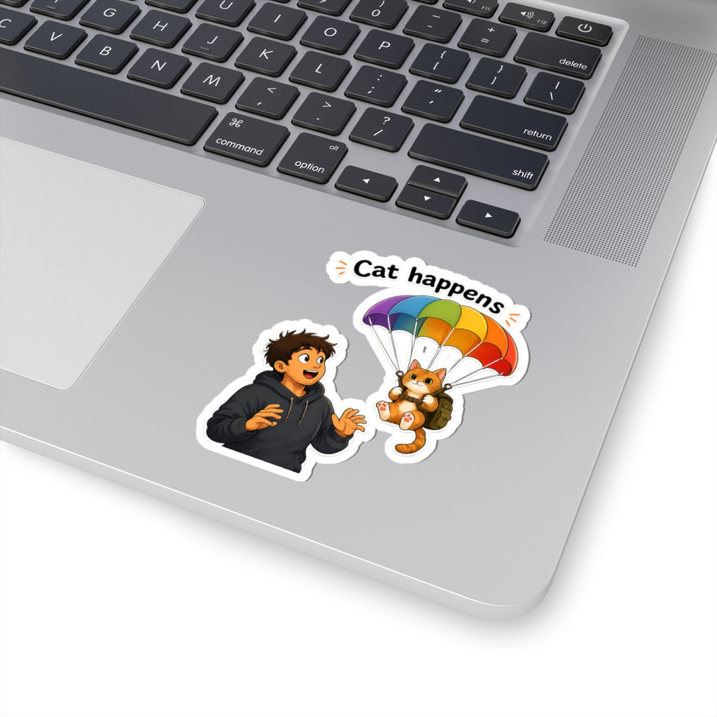 Sticker - Cat Happens | Funny Parachuting Cat Graphic