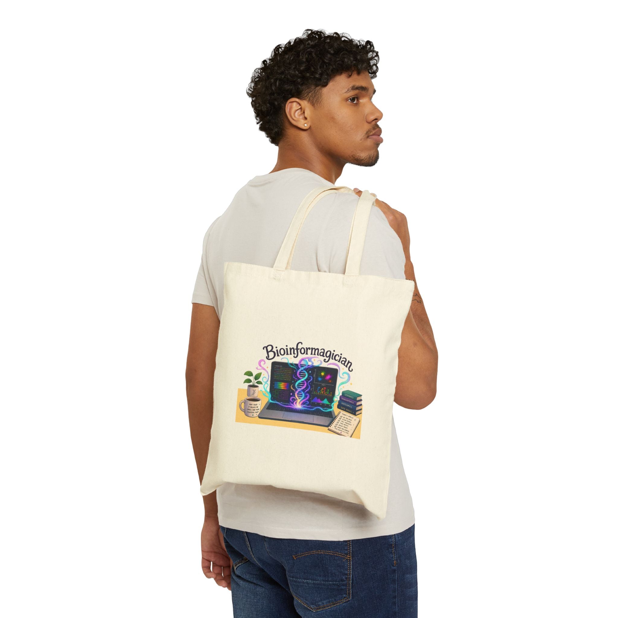 Bioinformagician Canvas Tote Bag — Cute Bioinformatics Laptop & Coffee Design
