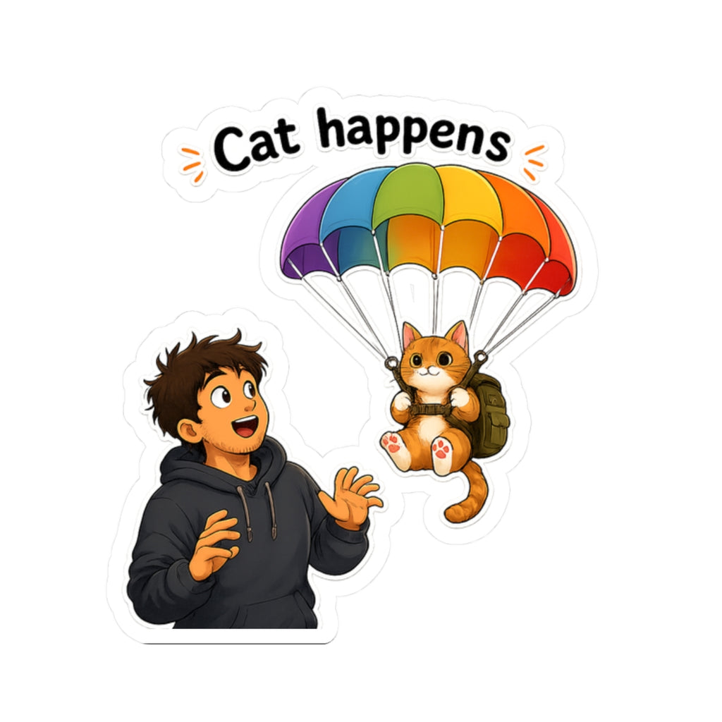 Sticker - Cat Happens | Funny Parachuting Cat Graphic