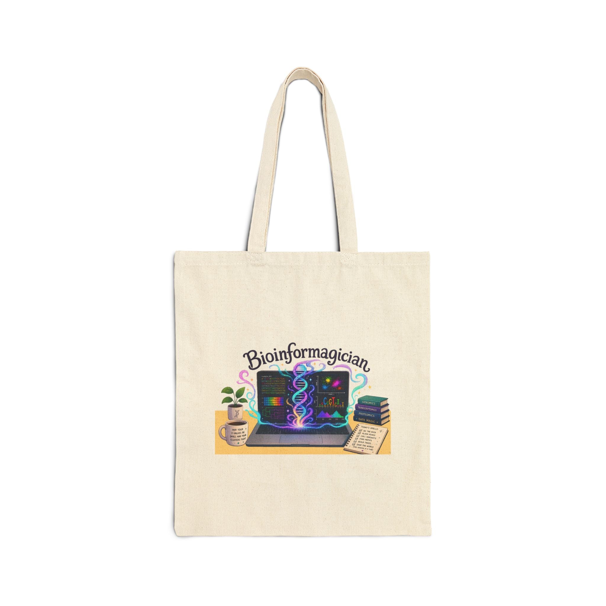 Bioinformagician Canvas Tote Bag — Cute Bioinformatics Laptop & Coffee Design