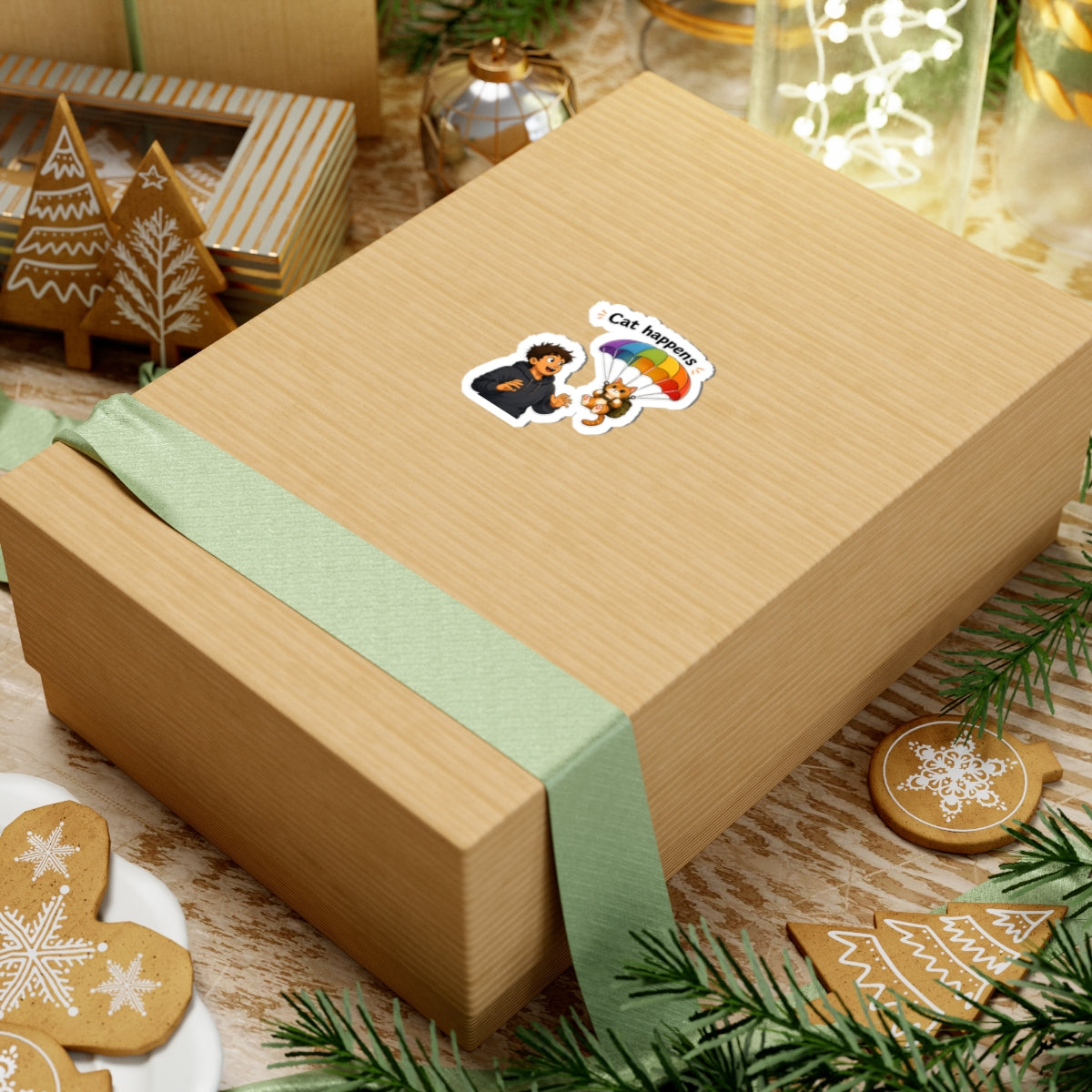 Sticker - Cat Happens | Funny Parachuting Cat Graphic